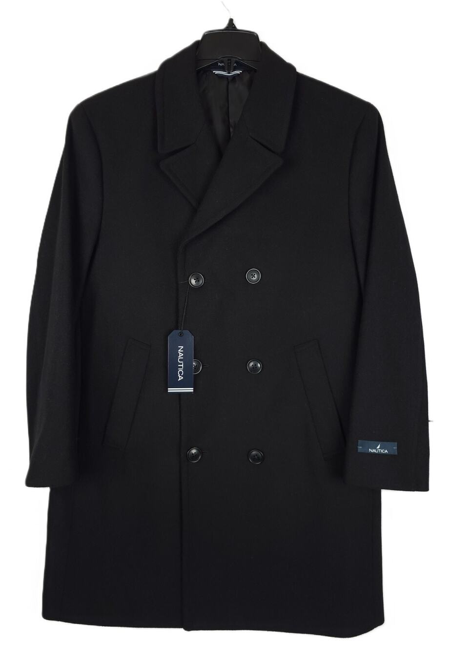 Nautica Mens Classic Fit Overcoat 38R Black Solid Wool Blend Double Breasted NWT